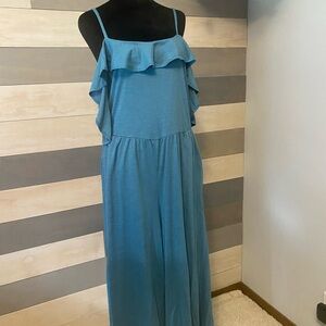 Time and Tru Blue Jumpsuit with Ruffled Overlay and Wide-Leg Pants